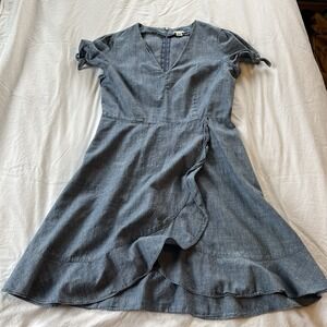 J Crew Chambray Faux Wrap Dress Blue 8 preppy summer classic casual ruffle